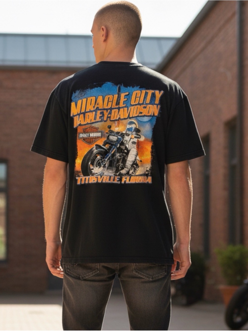 Harley Davidson Black T-Shirt Biker Miracle City Titusville Florida Men’s Size M